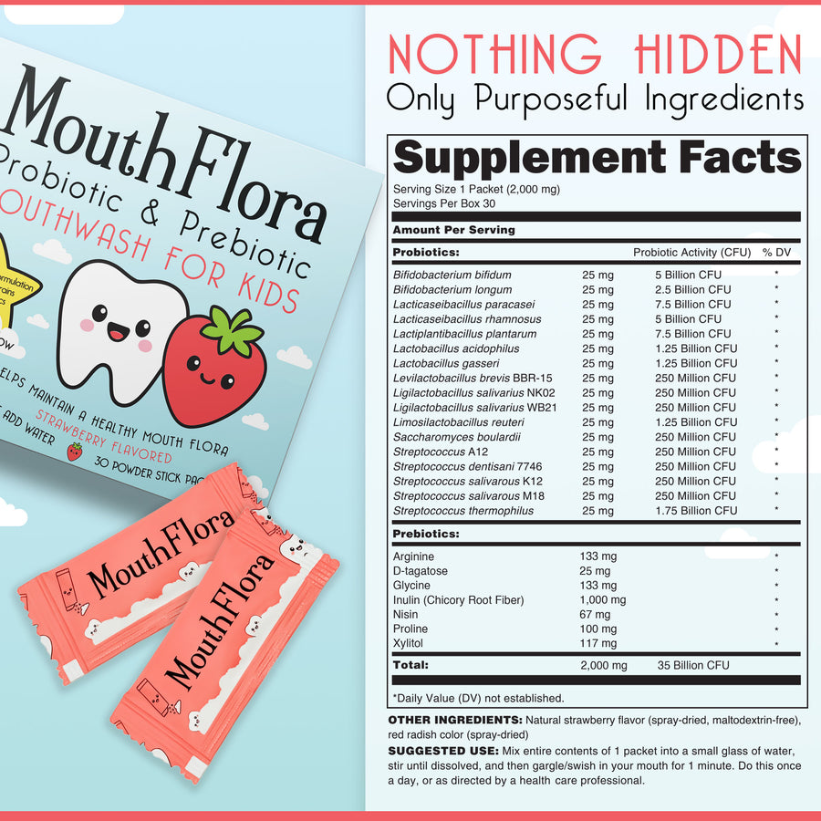 MouthFlora Kids Mouthwash Powder with Probiotics & Prebiotics | Safe to Swallow Mouthwash for Kids
