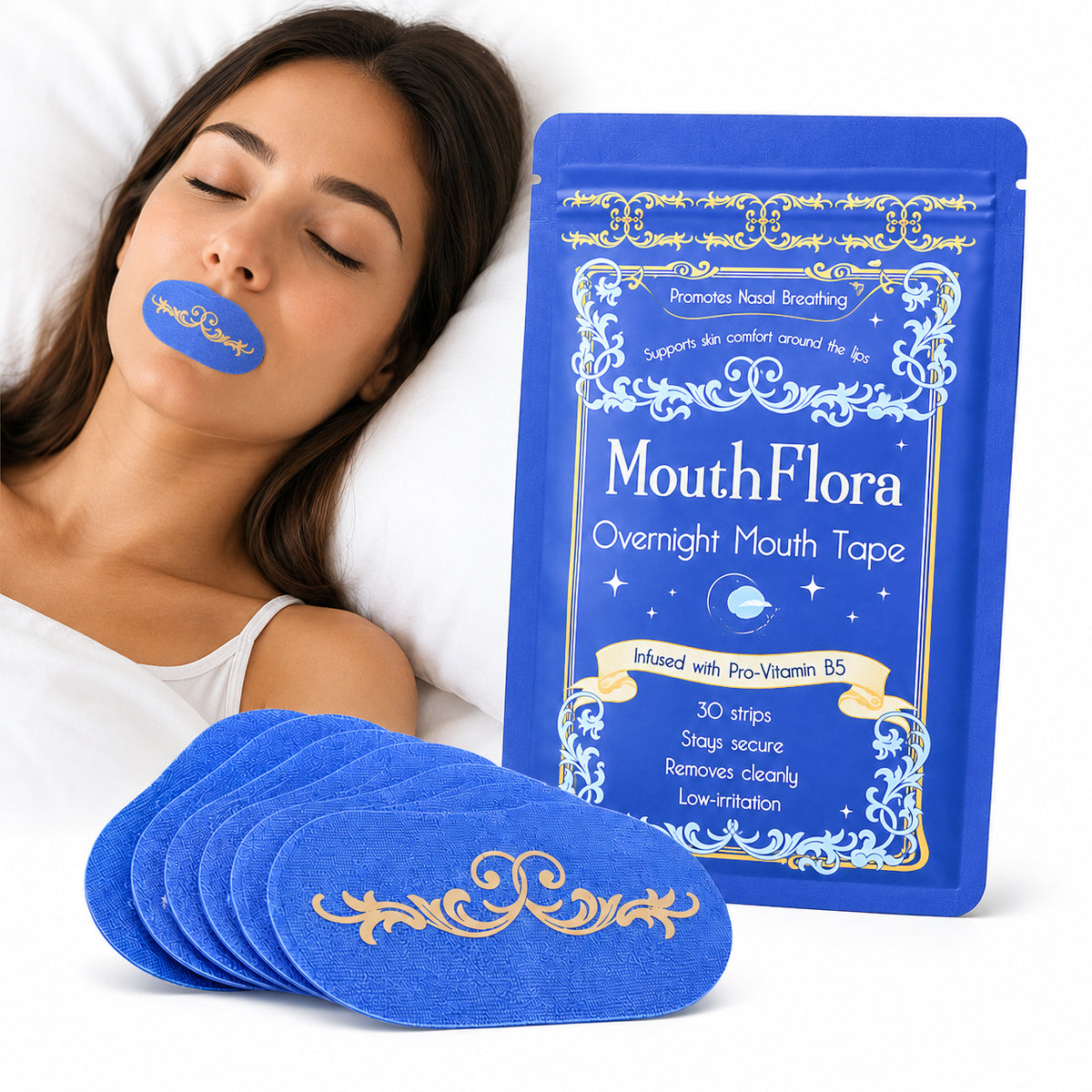 Overnight Mouth Tape for Sleeping, with Pro-Vitamin B5 (D-Panthenol) - 30 Strips